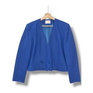 Pendleton Vintage Blue Virgin Wool Collarless Cropped Blazer Jacket Women's 12